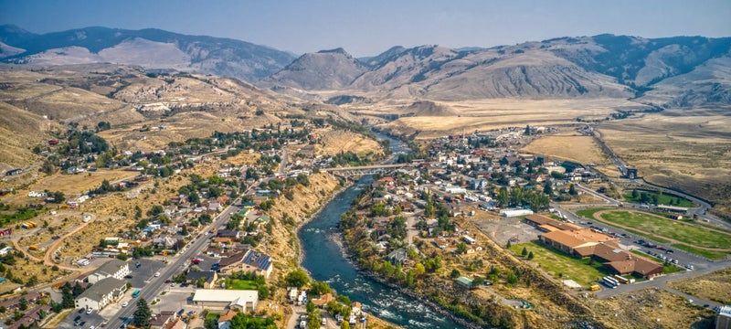 Aerial view over Gardiner, MT