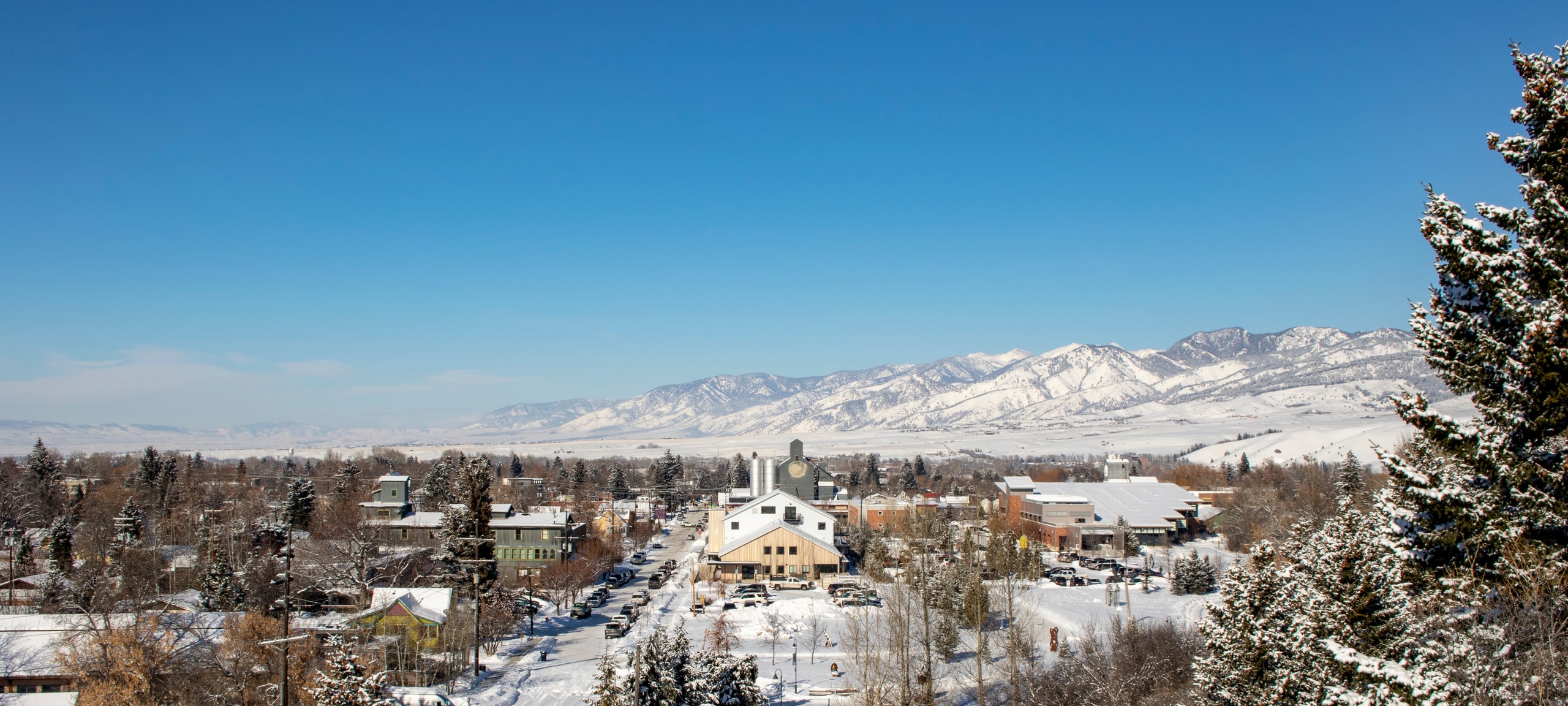 Aerial view of Bozeman, MT downtown during the wintertime