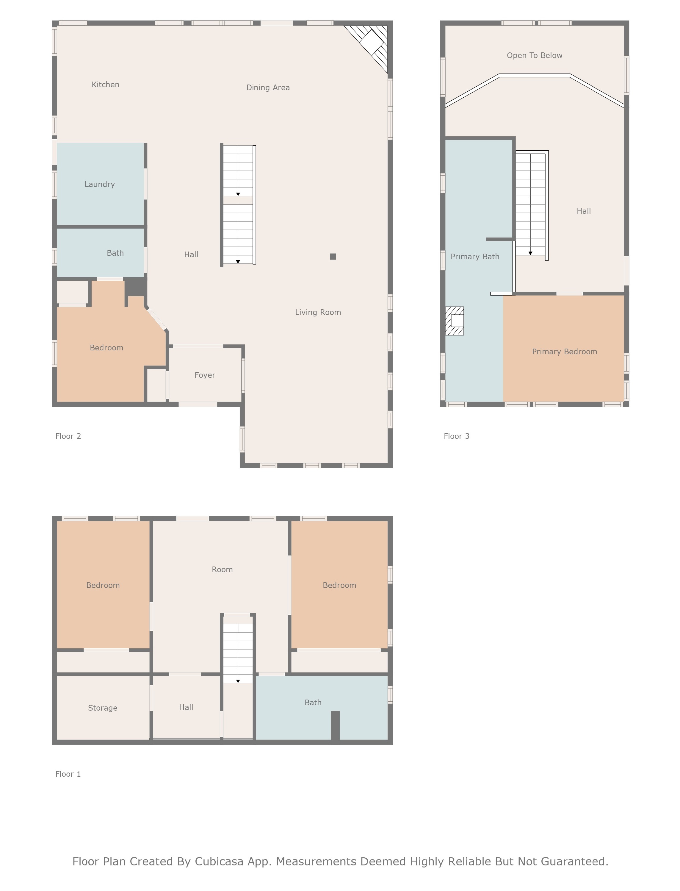 Three-level floor plan of 2449 Turkey Red Lane in Bozeman, MT, showing layout of timber frame home with four bedrooms, multiple baths, and open-concept living space.