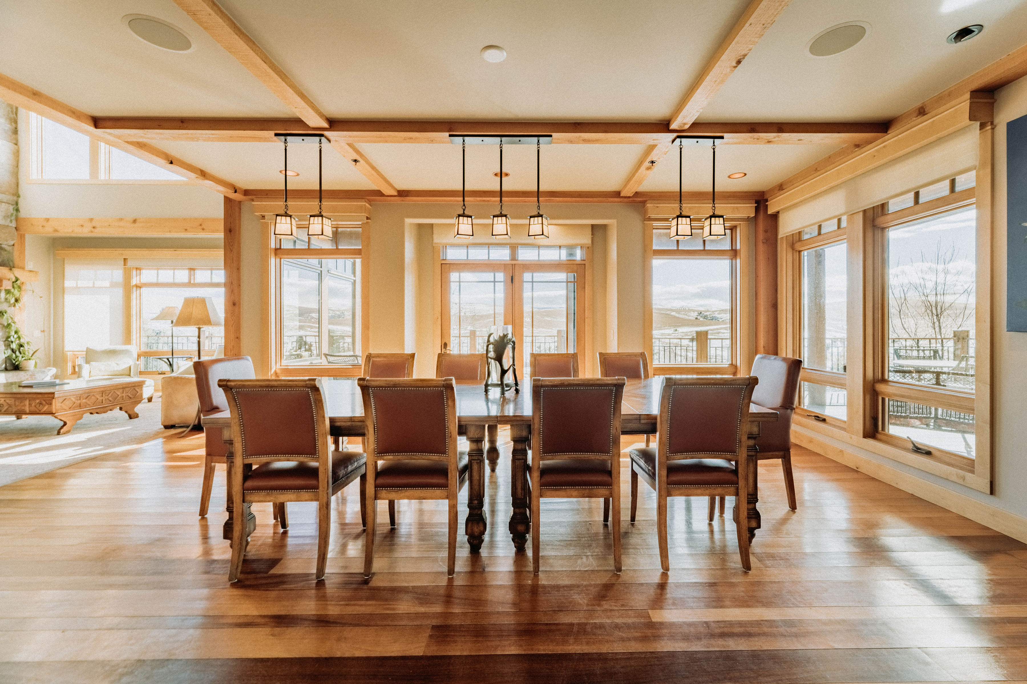 Post-and-beam lodge interior from $33M Montana ranch sale by Tamara Williams & Company