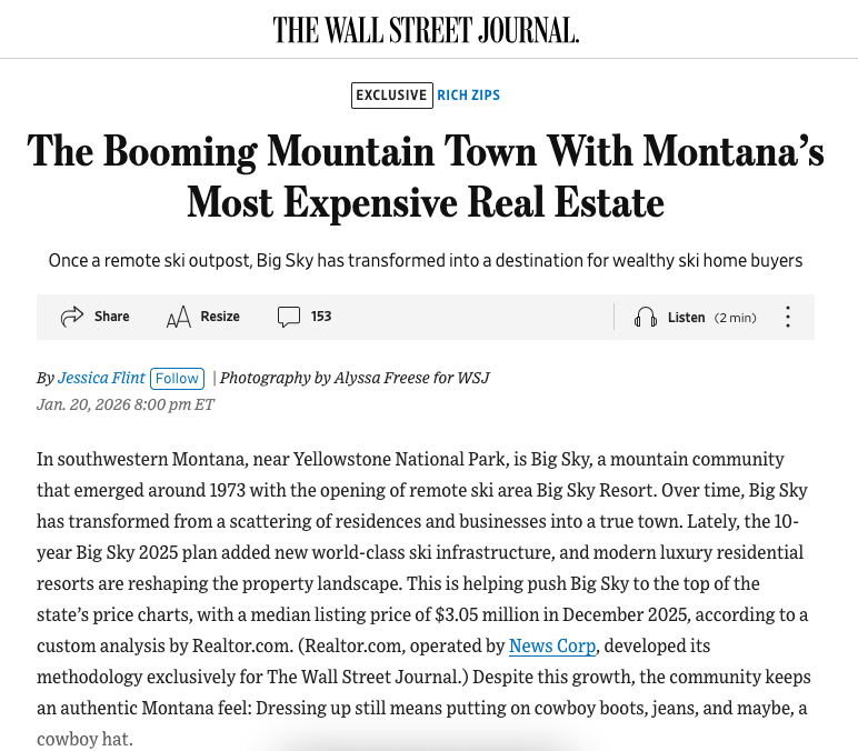 WSJ: The Booming Mountain Town With Montana&rsquo;s Most Expensive Real Estate