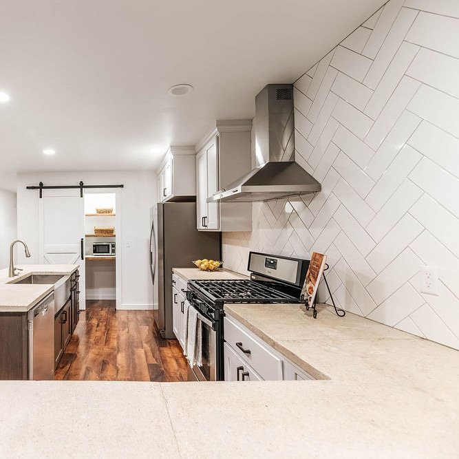 Modern kitchen with barn door