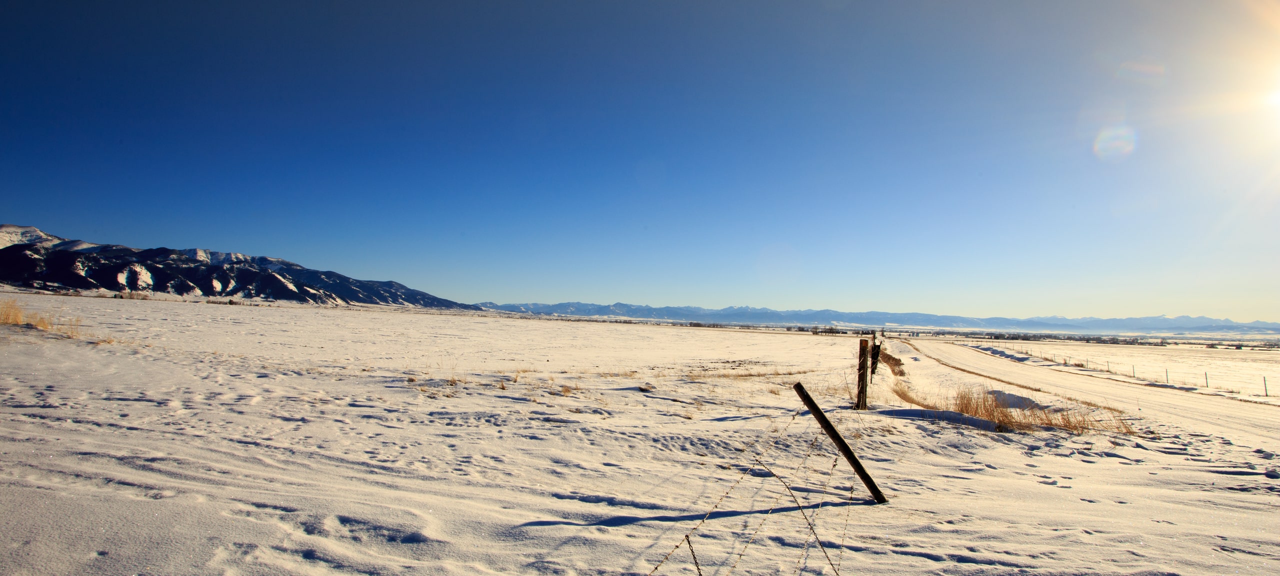 Snowy field and fence outside of Bozeman, MT